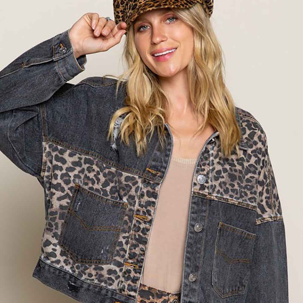Womens Dark Wash Denim leopard jacket size medium
